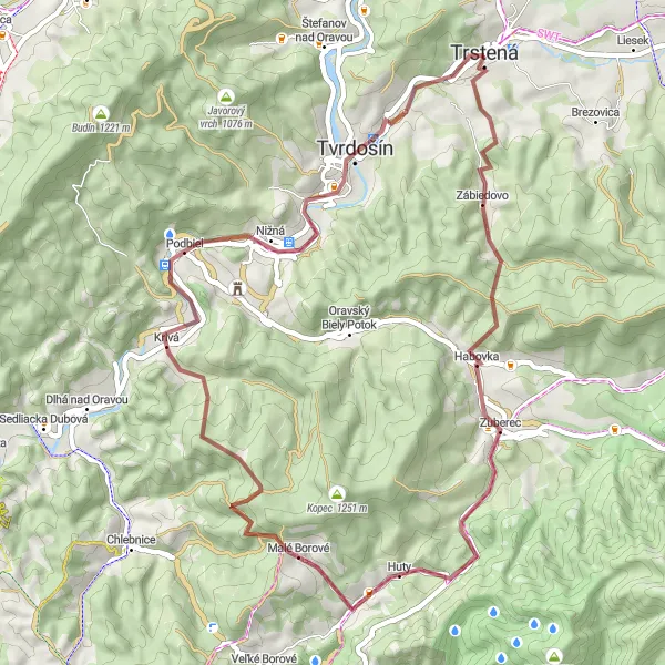 Map miniature of "The Trstená Loop - Gravel Adventure" cycling inspiration in Stredné Slovensko, Slovakia. Generated by Tarmacs.app cycling route planner
