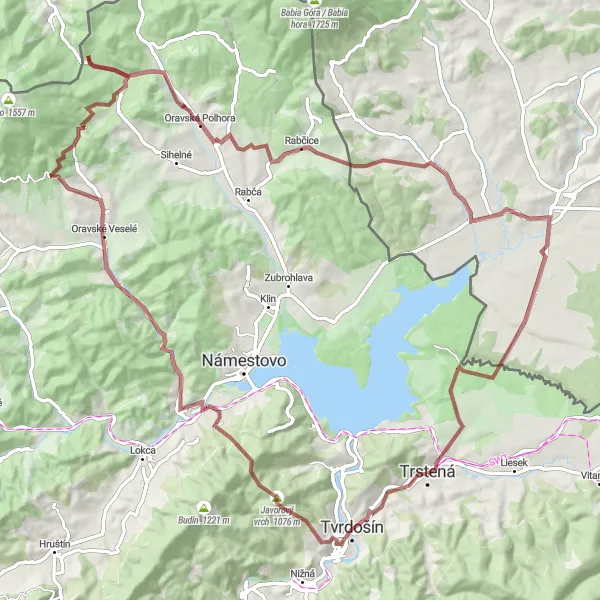 Map miniature of "Orava Gravel Escape" cycling inspiration in Stredné Slovensko, Slovakia. Generated by Tarmacs.app cycling route planner