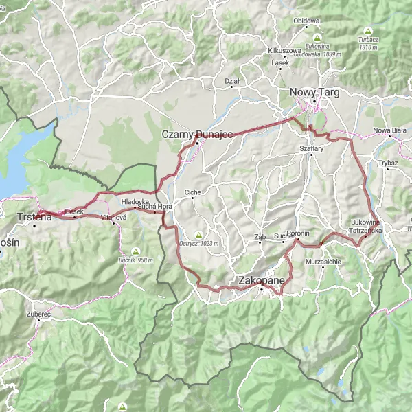 Map miniature of "Mountain Gravel Adventure near Trstená" cycling inspiration in Stredné Slovensko, Slovakia. Generated by Tarmacs.app cycling route planner