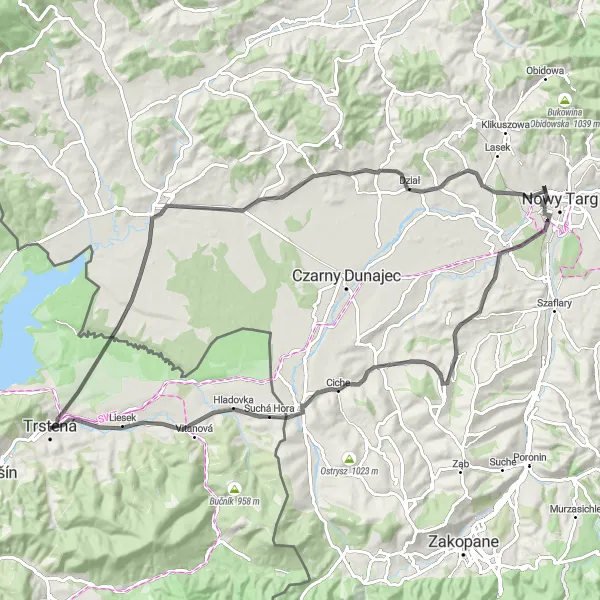 Map miniature of "Western Orava Delight" cycling inspiration in Stredné Slovensko, Slovakia. Generated by Tarmacs.app cycling route planner