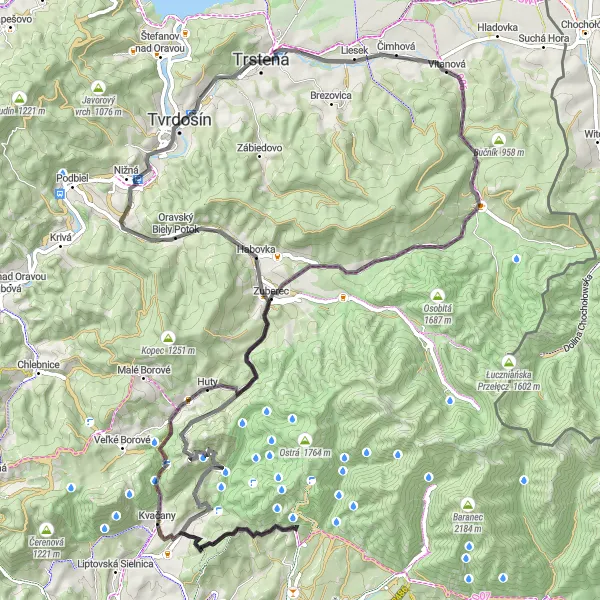Mapa miniatúra "Okolo hôr a dedín" cyklistická inšpirácia v Stredné Slovensko, Slovakia. Vygenerované cyklistickým plánovačom trás Tarmacs.app