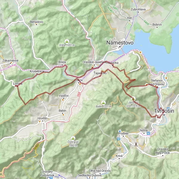 Map miniature of "Javorový vrch Gravel Adventure" cycling inspiration in Stredné Slovensko, Slovakia. Generated by Tarmacs.app cycling route planner