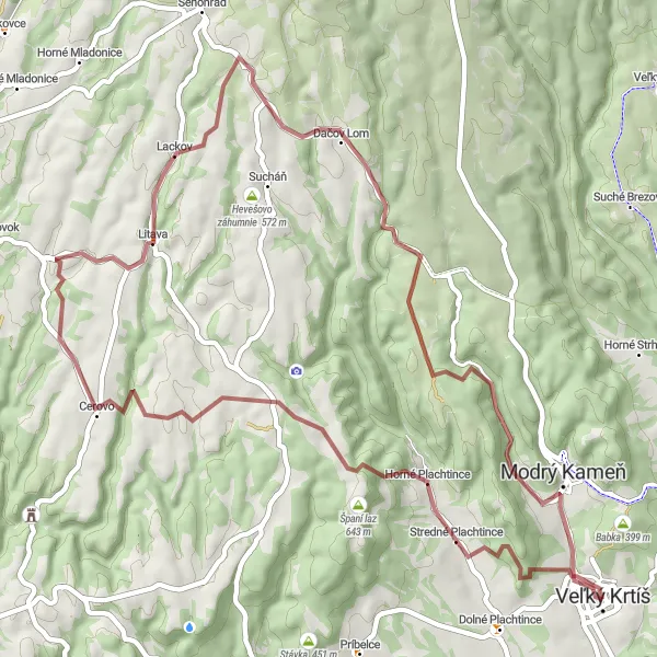 Miniaturní mapa "Gravel Expedition to Modrý Kameň" inspirace pro cyklisty v oblasti Stredné Slovensko, Slovakia. Vytvořeno pomocí plánovače tras Tarmacs.app