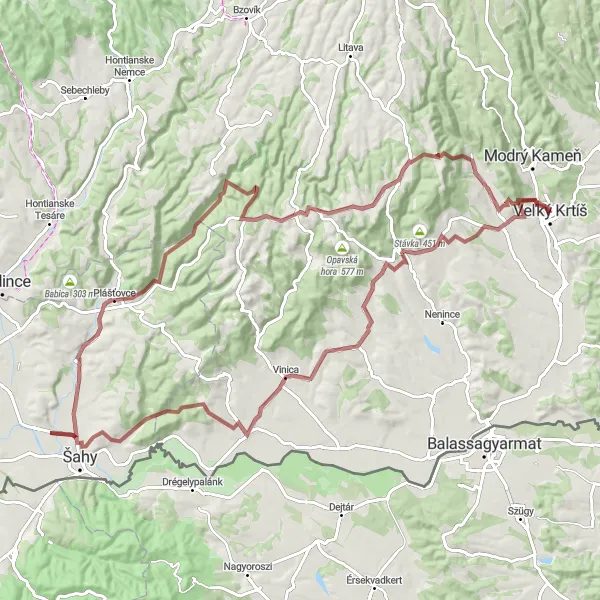Miniaturní mapa "Gravel Tour de Veľký Krtíš" inspirace pro cyklisty v oblasti Stredné Slovensko, Slovakia. Vytvořeno pomocí plánovače tras Tarmacs.app