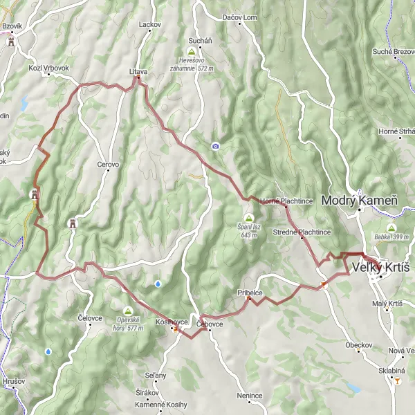 Miniatura mapy "Trasa gravelowa z Veľkého Krtíša do Hájnickiego Kamienia" - trasy rowerowej w Stredné Slovensko, Slovakia. Wygenerowane przez planer tras rowerowych Tarmacs.app