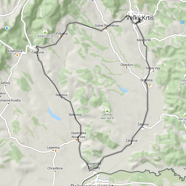 Miniatura mapy "Szlaki rowerowe wokół Veľký Krtíš" - trasy rowerowej w Stredné Slovensko, Slovakia. Wygenerowane przez planer tras rowerowych Tarmacs.app