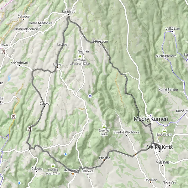 Miniaturní mapa "Road Adventure to Modrý Kameň" inspirace pro cyklisty v oblasti Stredné Slovensko, Slovakia. Vytvořeno pomocí plánovače tras Tarmacs.app
