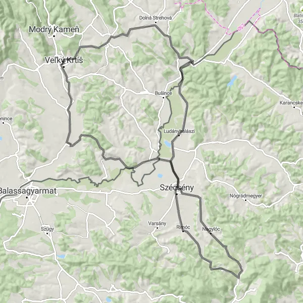 Mapa miniatúra "Okružná cyklistická trasa z Veľkého Krtíša" cyklistická inšpirácia v Stredné Slovensko, Slovakia. Vygenerované cyklistickým plánovačom trás Tarmacs.app