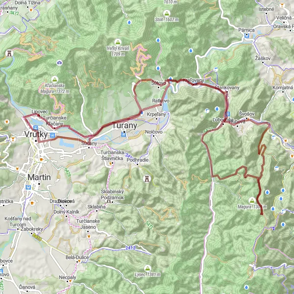 Mapa miniatúra "Gravelová trasa cez Malú Fatru" cyklistická inšpirácia v Stredné Slovensko, Slovakia. Vygenerované cyklistickým plánovačom trás Tarmacs.app