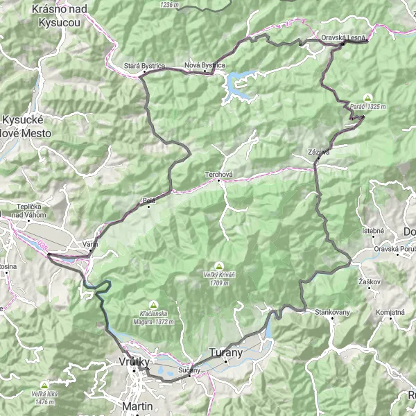 Map miniature of "Panoramic Adventure" cycling inspiration in Stredné Slovensko, Slovakia. Generated by Tarmacs.app cycling route planner