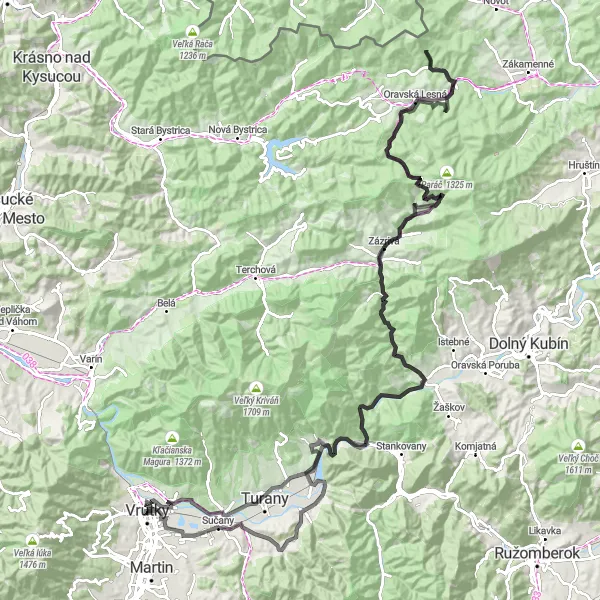 Mapa miniatúra "Náročný cestný okruh od Vrútok" cyklistická inšpirácia v Stredné Slovensko, Slovakia. Vygenerované cyklistickým plánovačom trás Tarmacs.app