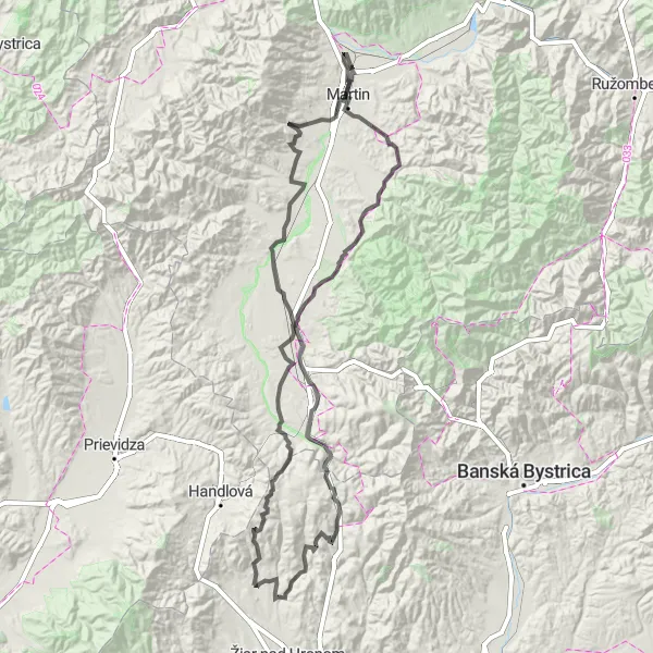 Map miniature of "Vrútky to Martin Loop" cycling inspiration in Stredné Slovensko, Slovakia. Generated by Tarmacs.app cycling route planner