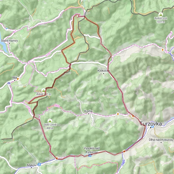Map miniature of "Explore Rusinov Vrch and Sulov Hills" cycling inspiration in Stredné Slovensko, Slovakia. Generated by Tarmacs.app cycling route planner