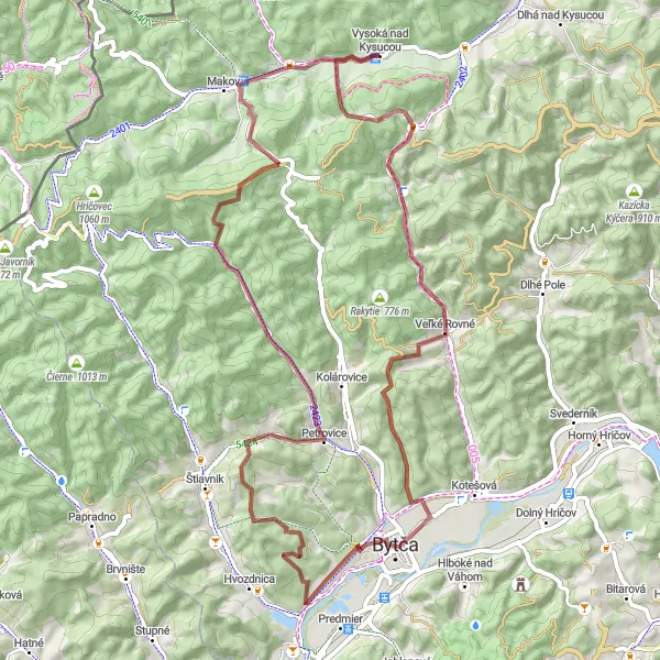 Miniatura mapy "Trasa Gravel w okolicach Vysoká nad Kysucou" - trasy rowerowej w Stredné Slovensko, Slovakia. Wygenerowane przez planer tras rowerowych Tarmacs.app