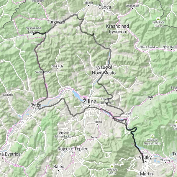 Map miniature of "Road Cycling Route Vysoká nad Kysucou to Lovásov and Back" cycling inspiration in Stredné Slovensko, Slovakia. Generated by Tarmacs.app cycling route planner