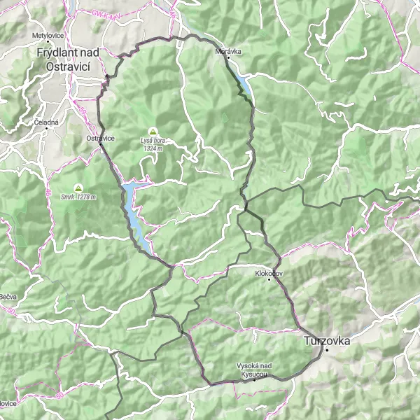 Map miniature of "Road Cycling Route Vysoká nad Kysucou to Polianky and Back" cycling inspiration in Stredné Slovensko, Slovakia. Generated by Tarmacs.app cycling route planner