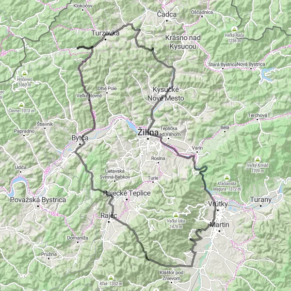 Mapa miniatúra "Epická road cyklotúra cez kopce a dedinky" cyklistická inšpirácia v Stredné Slovensko, Slovakia. Vygenerované cyklistickým plánovačom trás Tarmacs.app