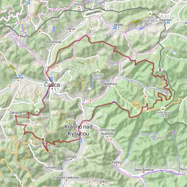 Map miniature of "Briava Adventure: Exploring the Gems of Kysuce" cycling inspiration in Stredné Slovensko, Slovakia. Generated by Tarmacs.app cycling route planner