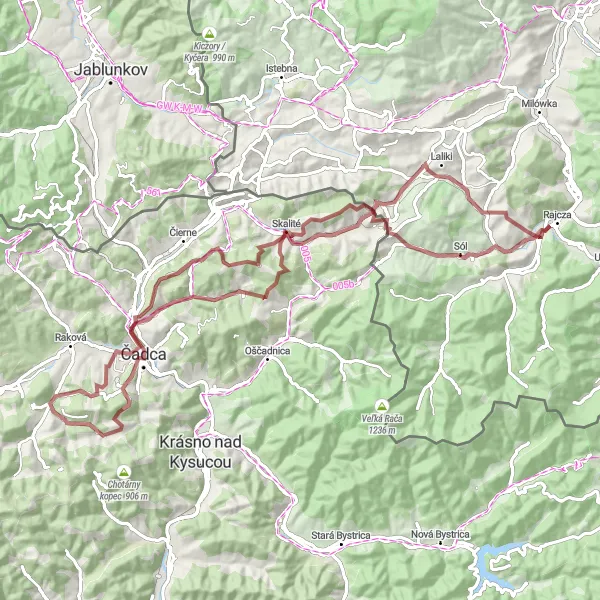 Map miniature of "Briava to Črchľa Gravel Route" cycling inspiration in Stredné Slovensko, Slovakia. Generated by Tarmacs.app cycling route planner