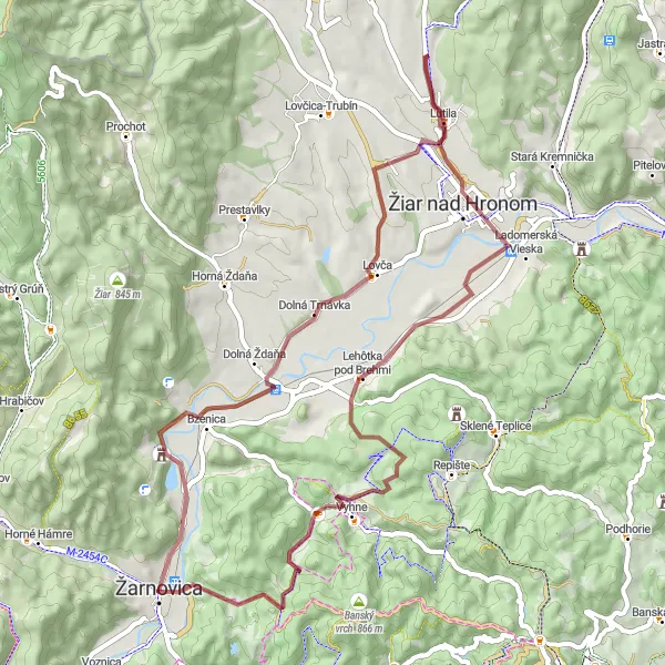 Map miniature of "The Hidden Gems" cycling inspiration in Stredné Slovensko, Slovakia. Generated by Tarmacs.app cycling route planner