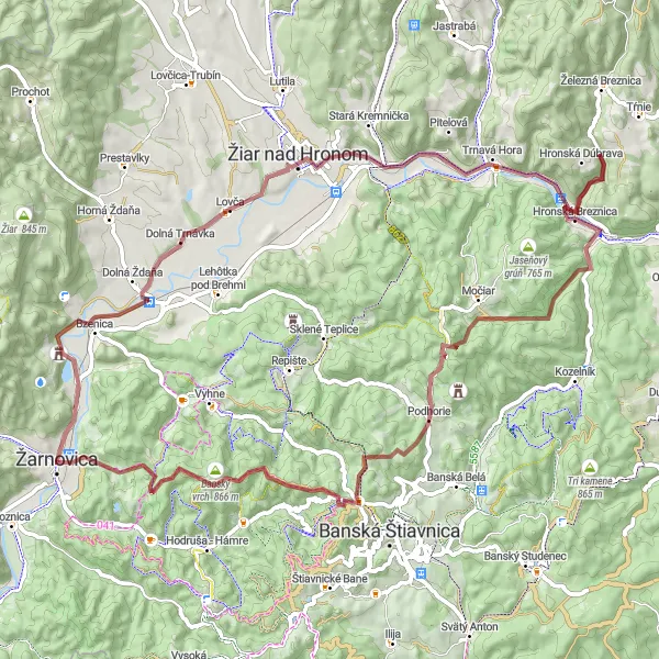 Map miniature of "Žarnovica-Chobien-Lovča-Bačovka-Hronská Breznica-Paradajs-Kašivár-Lukavica" cycling inspiration in Stredné Slovensko, Slovakia. Generated by Tarmacs.app cycling route planner