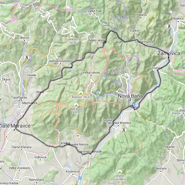 Map miniature of "Žarnovica-Brehy-Kliča-Hronský Beňadik-Obyce-Včelár-Šarkan-Horné Hámre" cycling inspiration in Stredné Slovensko, Slovakia. Generated by Tarmacs.app cycling route planner