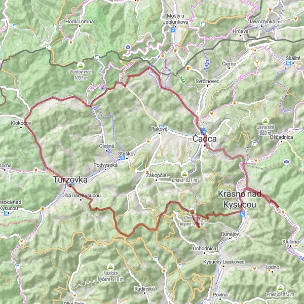 Map miniature of "Kysucou Discovery" cycling inspiration in Stredné Slovensko, Slovakia. Generated by Tarmacs.app cycling route planner