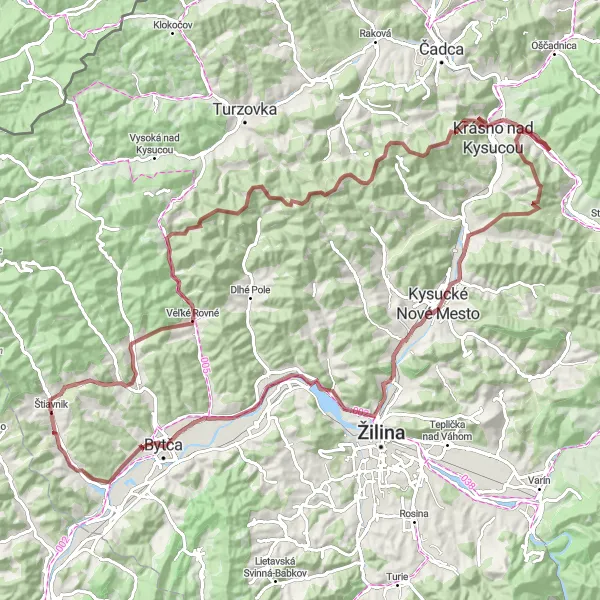 Map miniature of "Zborov nad Bystricou - Bytča - Veľké Rovné Cycling Route" cycling inspiration in Stredné Slovensko, Slovakia. Generated by Tarmacs.app cycling route planner