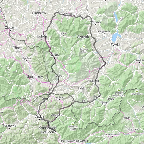 Mapa miniatúra "Road Route Zborov nad Bystricou - Jaworzynka Loop" cyklistická inšpirácia v Stredné Slovensko, Slovakia. Vygenerované cyklistickým plánovačom trás Tarmacs.app