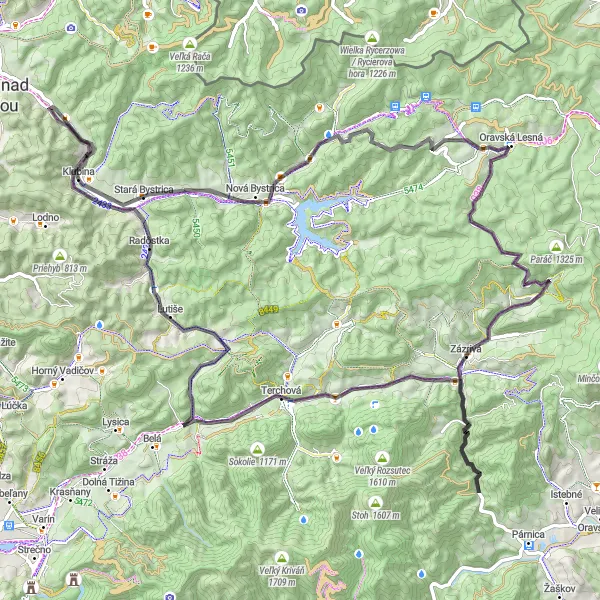 Map miniature of "Oravský Kút - Terchová Round-trip" cycling inspiration in Stredné Slovensko, Slovakia. Generated by Tarmacs.app cycling route planner