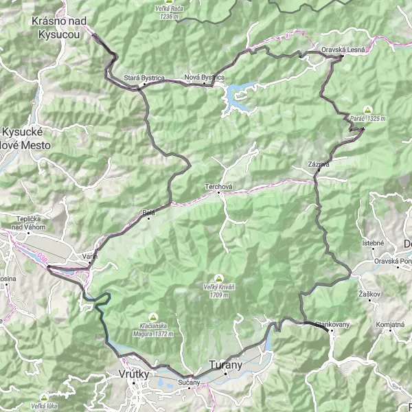 Map miniature of "Zborov nad Bystricou - Zázrivá Cycling Route" cycling inspiration in Stredné Slovensko, Slovakia. Generated by Tarmacs.app cycling route planner