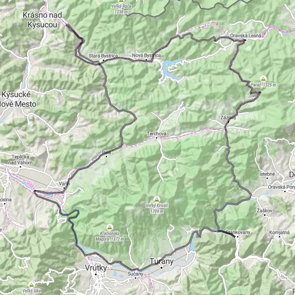 Mapa miniatúra "Cyklistická trasa Zborov nad Bystricou - Vŕšky" cyklistická inšpirácia v Stredné Slovensko, Slovakia. Vygenerované cyklistickým plánovačom trás Tarmacs.app