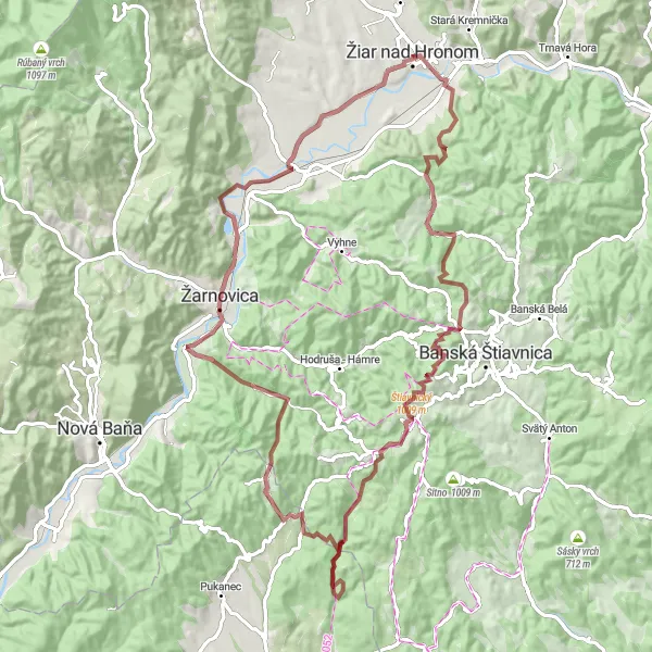 Map miniature of "Žiar nad Hronom to Lovča Gravel Loop" cycling inspiration in Stredné Slovensko, Slovakia. Generated by Tarmacs.app cycling route planner