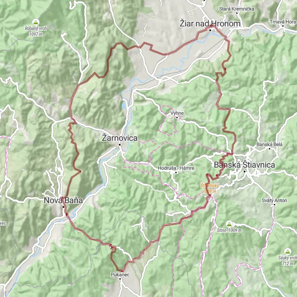 Map miniature of "Gravel Adventure in Žiar nad Hronom Region" cycling inspiration in Stredné Slovensko, Slovakia. Generated by Tarmacs.app cycling route planner