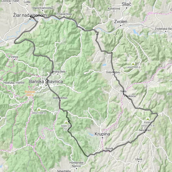 Map miniature of "Cycling Route from Žiar nad Hronom to Bačovka and Beyond" cycling inspiration in Stredné Slovensko, Slovakia. Generated by Tarmacs.app cycling route planner