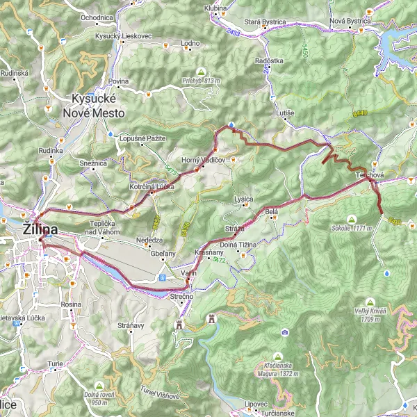 Map miniature of "Exploring the natural wonders near Žilina" cycling inspiration in Stredné Slovensko, Slovakia. Generated by Tarmacs.app cycling route planner