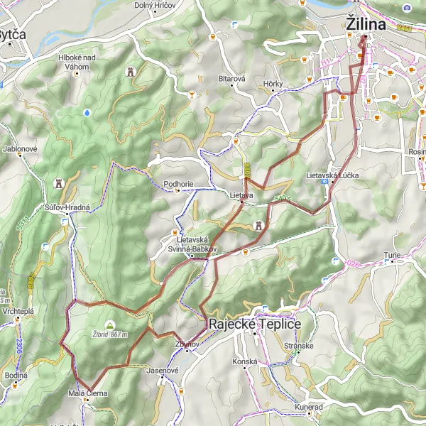 Map miniature of "Žilina and the surrounding countryside" cycling inspiration in Stredné Slovensko, Slovakia. Generated by Tarmacs.app cycling route planner