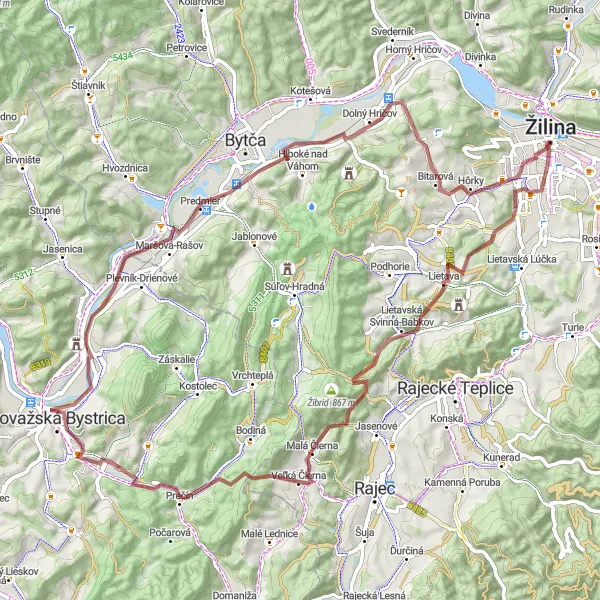 Miniatura mapy "Trasa Gravelowa wokół Žiliny" - trasy rowerowej w Stredné Slovensko, Slovakia. Wygenerowane przez planer tras rowerowych Tarmacs.app