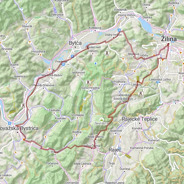 Map miniature of "Rural Delight near Žilina" cycling inspiration in Stredné Slovensko, Slovakia. Generated by Tarmacs.app cycling route planner