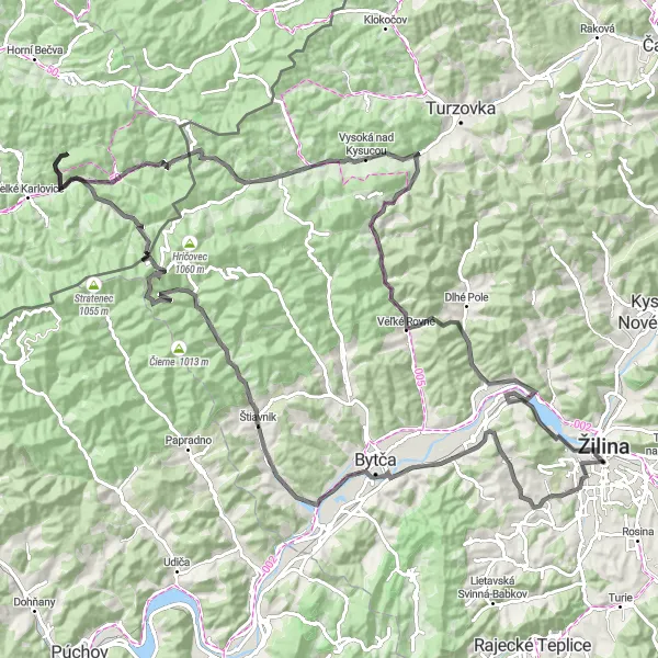 Map miniature of "A scenic road trip through the Kysuce region" cycling inspiration in Stredné Slovensko, Slovakia. Generated by Tarmacs.app cycling route planner