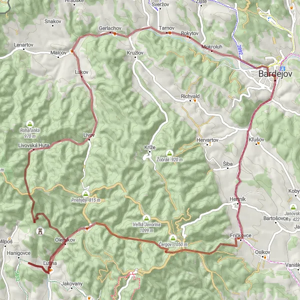 Miniatura mapy "Trasa gravelowa do Ševcov vrch" - trasy rowerowej w Východné Slovensko, Slovakia. Wygenerowane przez planer tras rowerowych Tarmacs.app