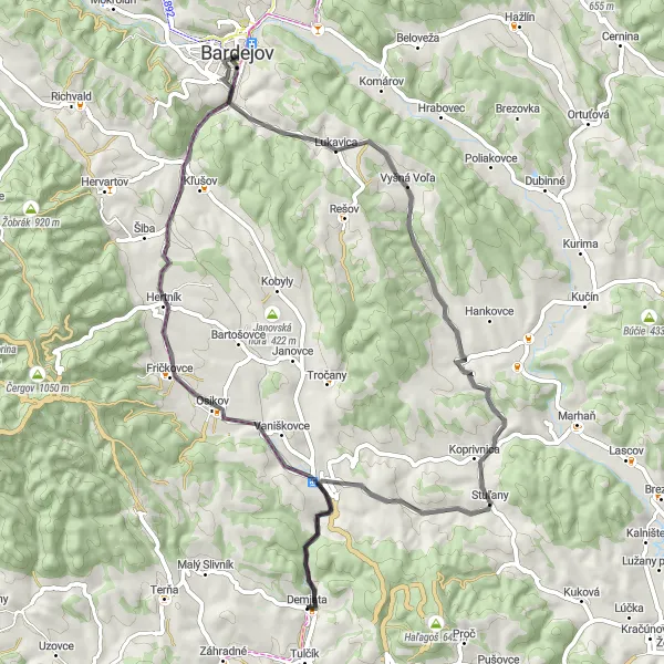 Miniaturní mapa "Road Adventure to Osikov" inspirace pro cyklisty v oblasti Východné Slovensko, Slovakia. Vytvořeno pomocí plánovače tras Tarmacs.app