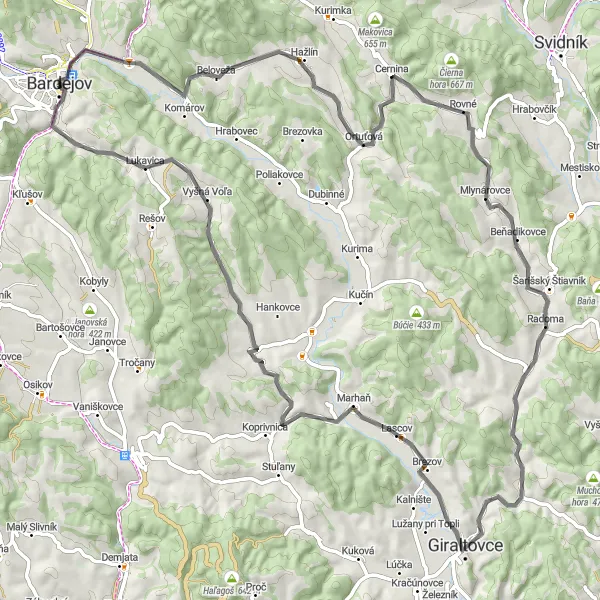 Miniatura mapy "Trasa dookoła z Bardejov" - trasy rowerowej w Východné Slovensko, Slovakia. Wygenerowane przez planer tras rowerowych Tarmacs.app