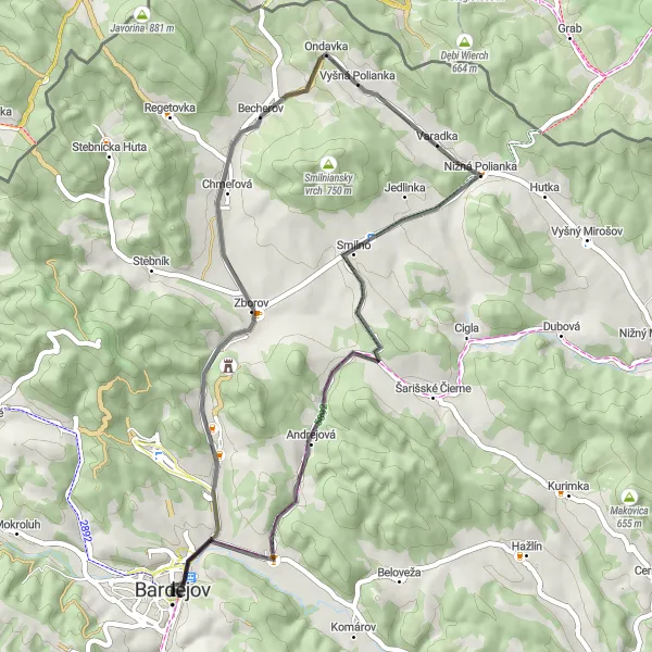 Miniatura mapy "Trasa do Zborov i Vyšná Polianka" - trasy rowerowej w Východné Slovensko, Slovakia. Wygenerowane przez planer tras rowerowych Tarmacs.app