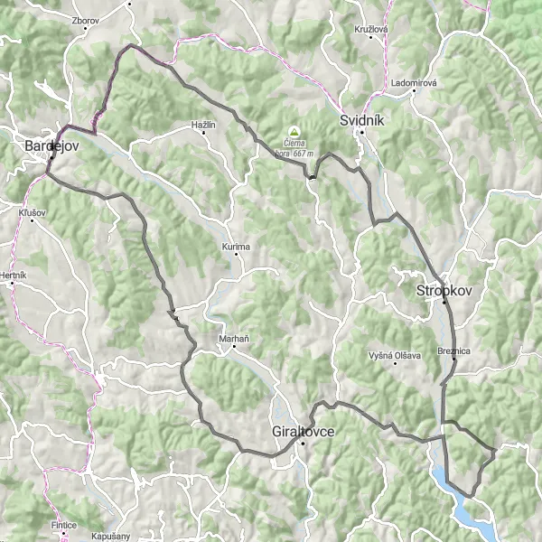 Miniaturní mapa "Z Bardejova do Giraltovců" inspirace pro cyklisty v oblasti Východné Slovensko, Slovakia. Vytvořeno pomocí plánovače tras Tarmacs.app