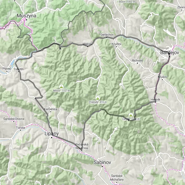 Map miniature of "Bardejov - Čergov - Bardejov" cycling inspiration in Východné Slovensko, Slovakia. Generated by Tarmacs.app cycling route planner