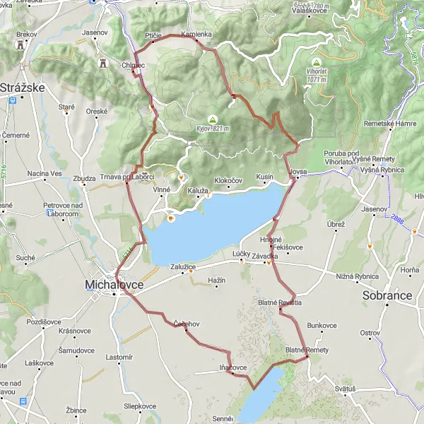 Miniaturní mapa "Gravel Adventure - Ptičie to Chlmec" inspirace pro cyklisty v oblasti Východné Slovensko, Slovakia. Vytvořeno pomocí plánovače tras Tarmacs.app