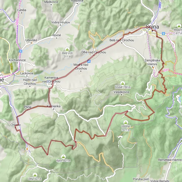 Map miniature of "Skalka Gravel Exploration from Chlmec" cycling inspiration in Východné Slovensko, Slovakia. Generated by Tarmacs.app cycling route planner