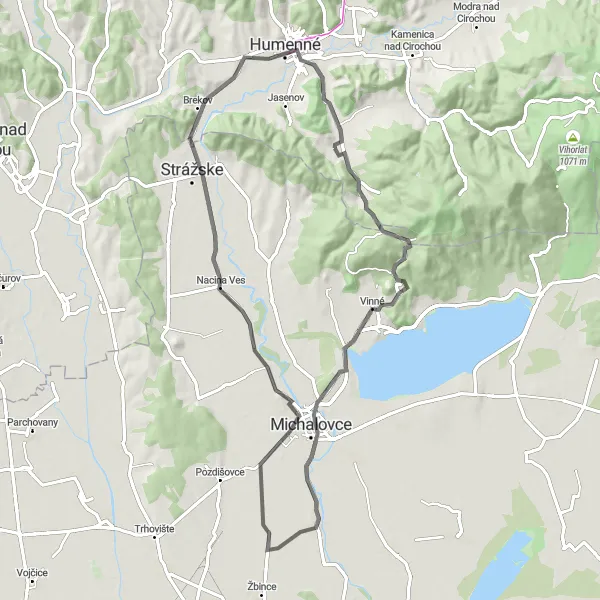 Map miniature of "Chlmec - Humenné Cycling Route" cycling inspiration in Východné Slovensko, Slovakia. Generated by Tarmacs.app cycling route planner