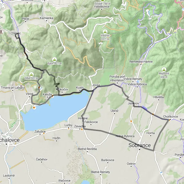 Map miniature of "Sobrance Loop via Chlmec" cycling inspiration in Východné Slovensko, Slovakia. Generated by Tarmacs.app cycling route planner